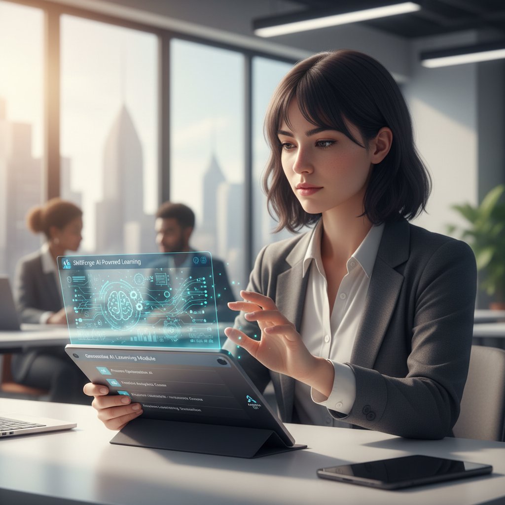 Pracownik korzystający z generatywnego AI do nauki obsługi systemu ERP na tablecie