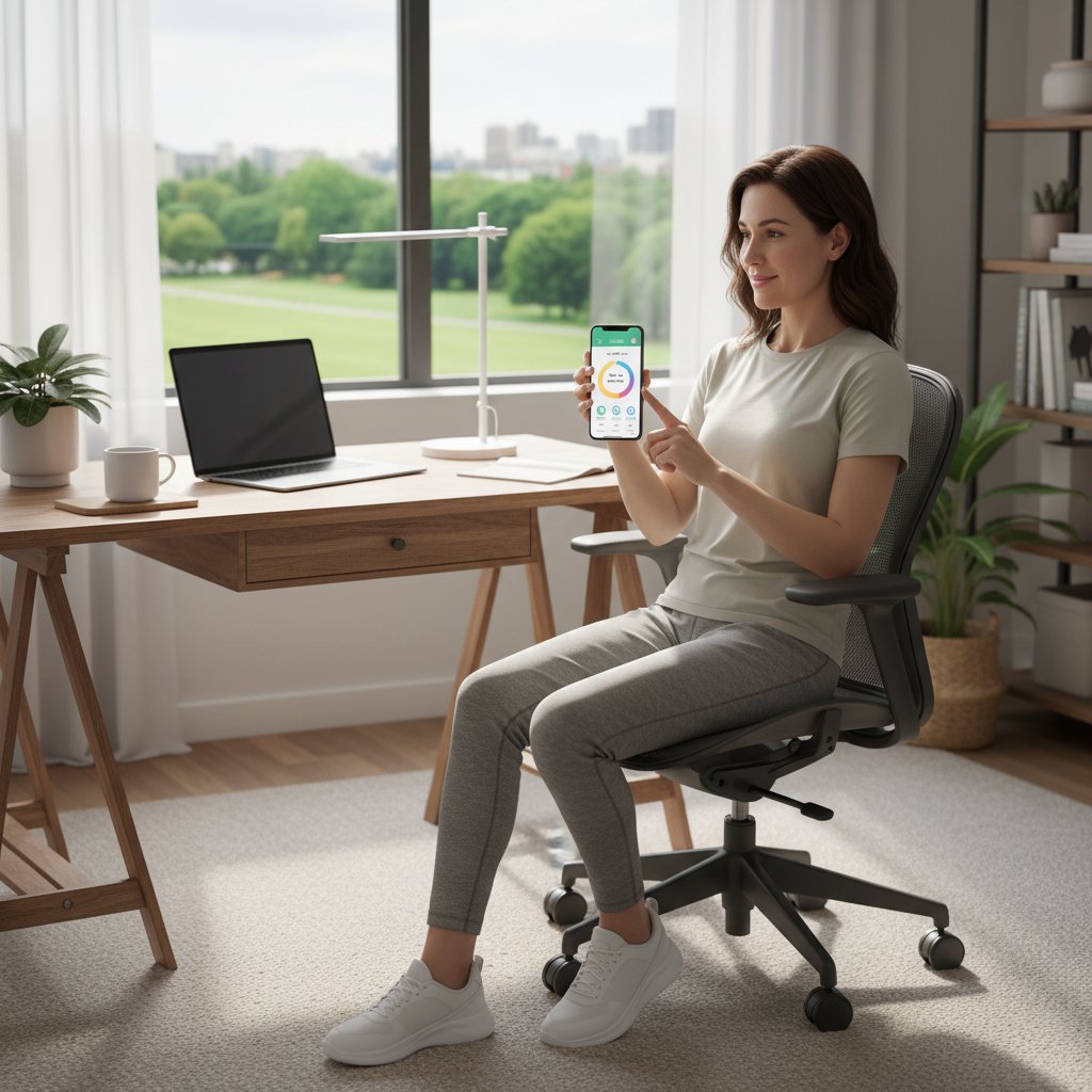 Pracownik korzystający z aplikacji zdrowotnej na smartfonie przy biurku, w tle nowoczesne biuro domowe