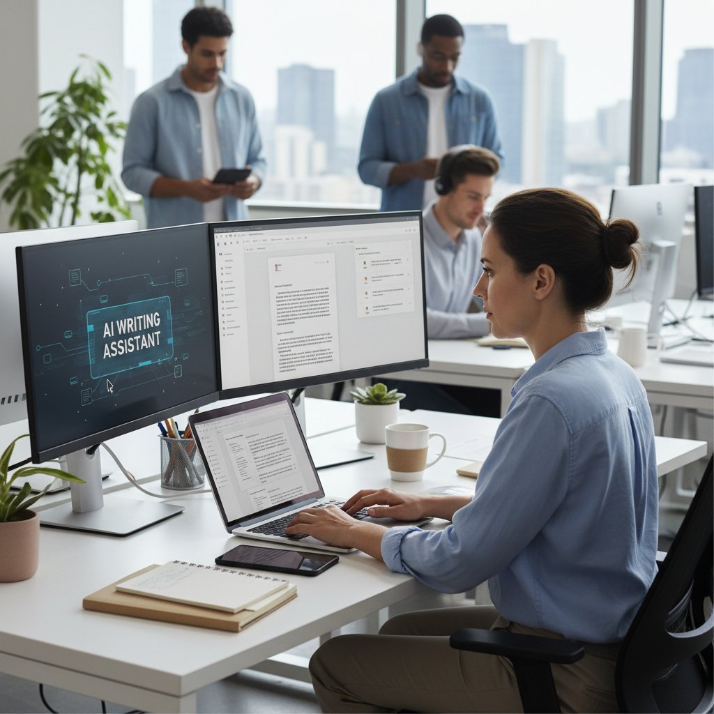 Pracownik wdrażający AI writing assistant na swoim komputerze w biurze