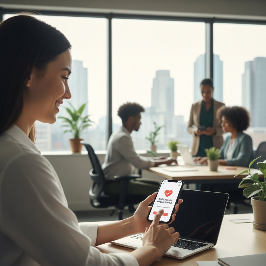 Pracownik korzystający z mobilnej aplikacji zdrowotnej w biurze, cyfrowy interfejs, medyczne powiadomienia – medycyna pracy, AI