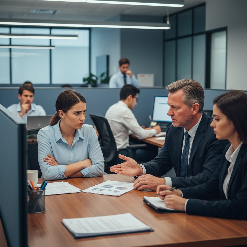 Employee in a heated performance review, showing the subjective nature of reasonableness in disputes