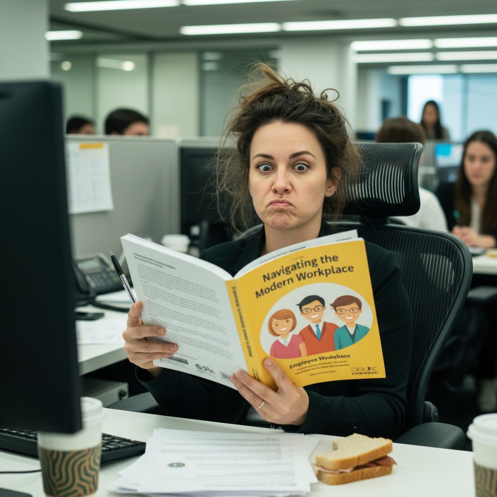 Pracownik czytający poradnik kariery i przewracający oczami w biurze