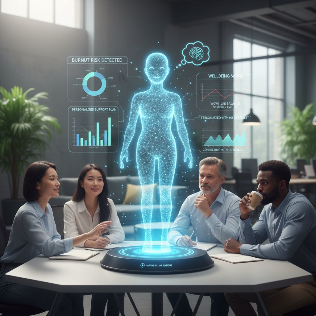 Zamknięty pracownik rozmawia z AI asystentem HR o oznakach wypalenia