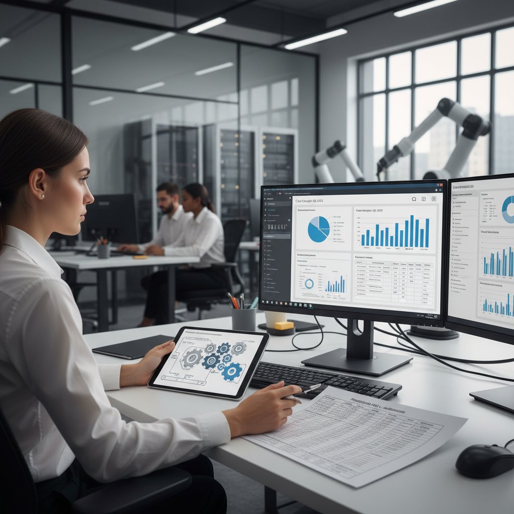 Zdjęcie pojedynczego pracownika analizującego koszty wdrożenia automatyzacji na monitorze