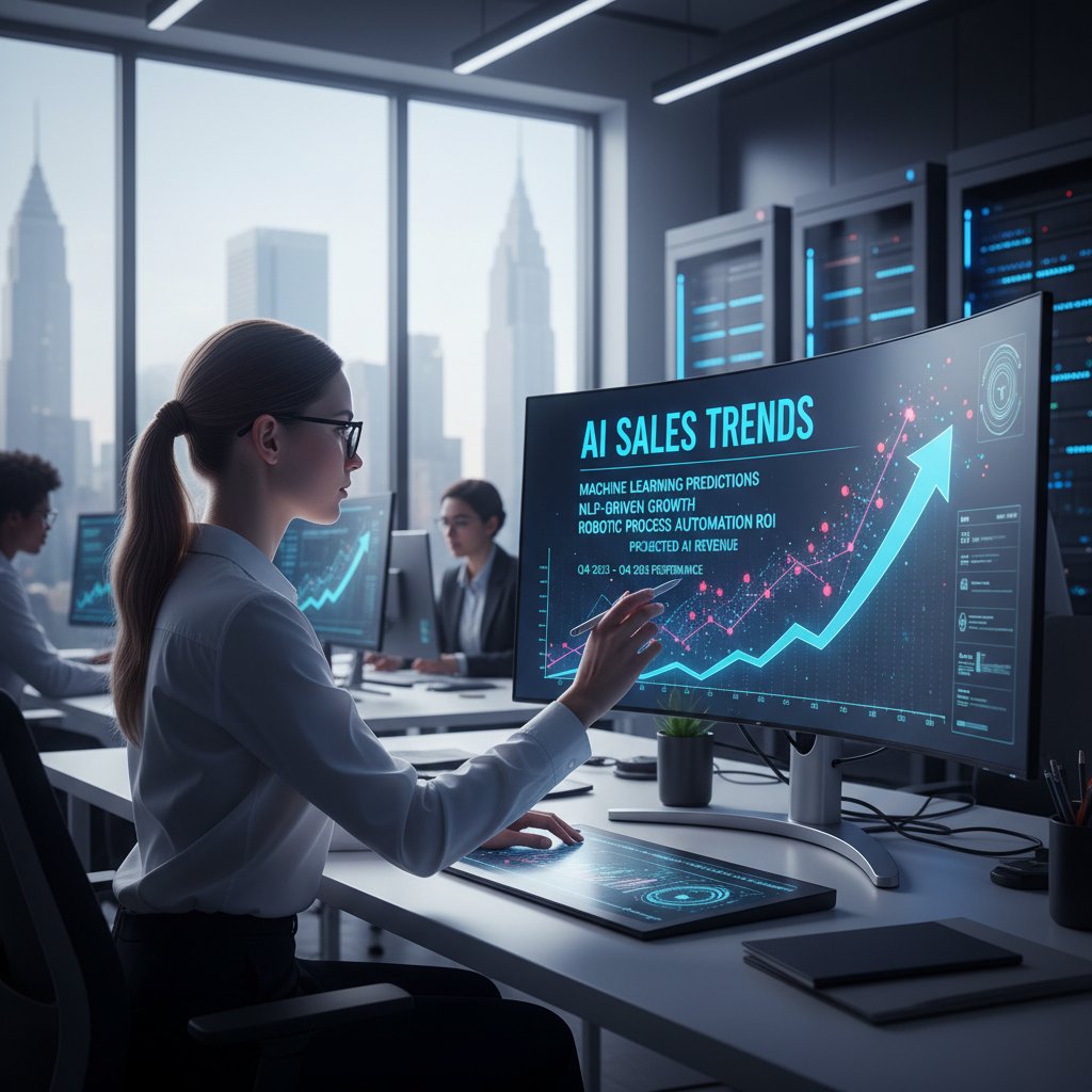 Pracownik analizujący dane na ekranie komputera z widocznymi wykresami sprzedaży i symbolami AI