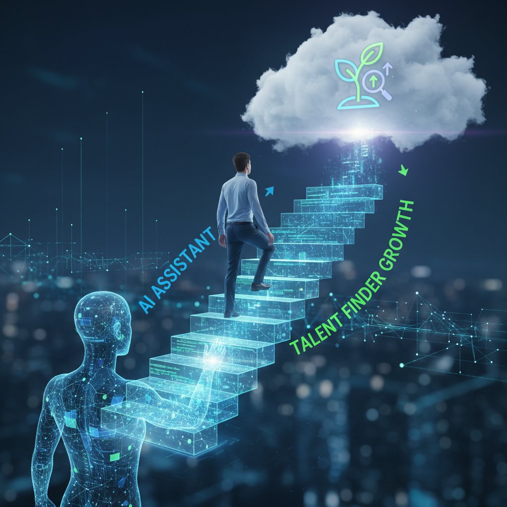 Employee ascending digital staircase with AI assistant, symbolizing the journey from hiring to career growth with talent finder AI