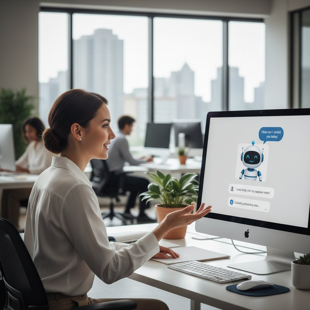 Pracownik rozmawiający z chatbotem na ekranie w biurze – wsparcie cyfrowe