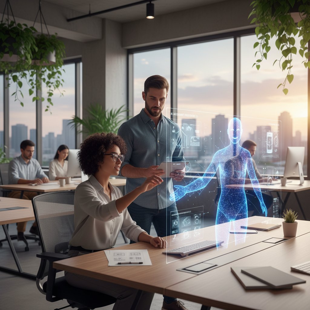 Pracownik współpracujący z wirtualnym asystentem AI w biurze
