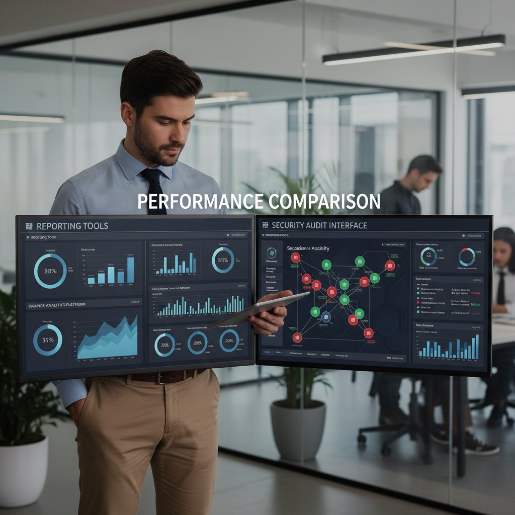 Pracownik analizujący różne narzędzia raportowe na ekranie laptopa, porównując funkcje i bezpieczeństwo