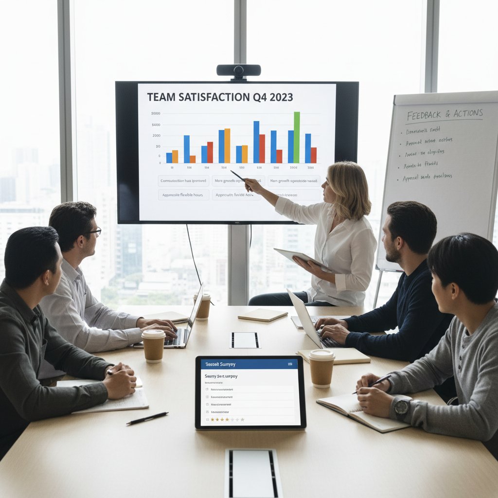 Zespół pracowników omawiający wyniki ankiety satysfakcji przy wspólnym stole