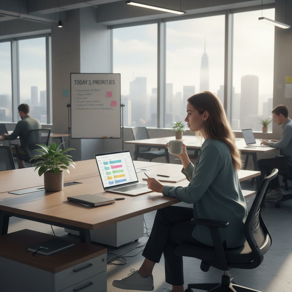 Pracownik rozpoczynający dzień od przeglądu priorytetów – nawyki efektywnego zarządzania czasem pracy