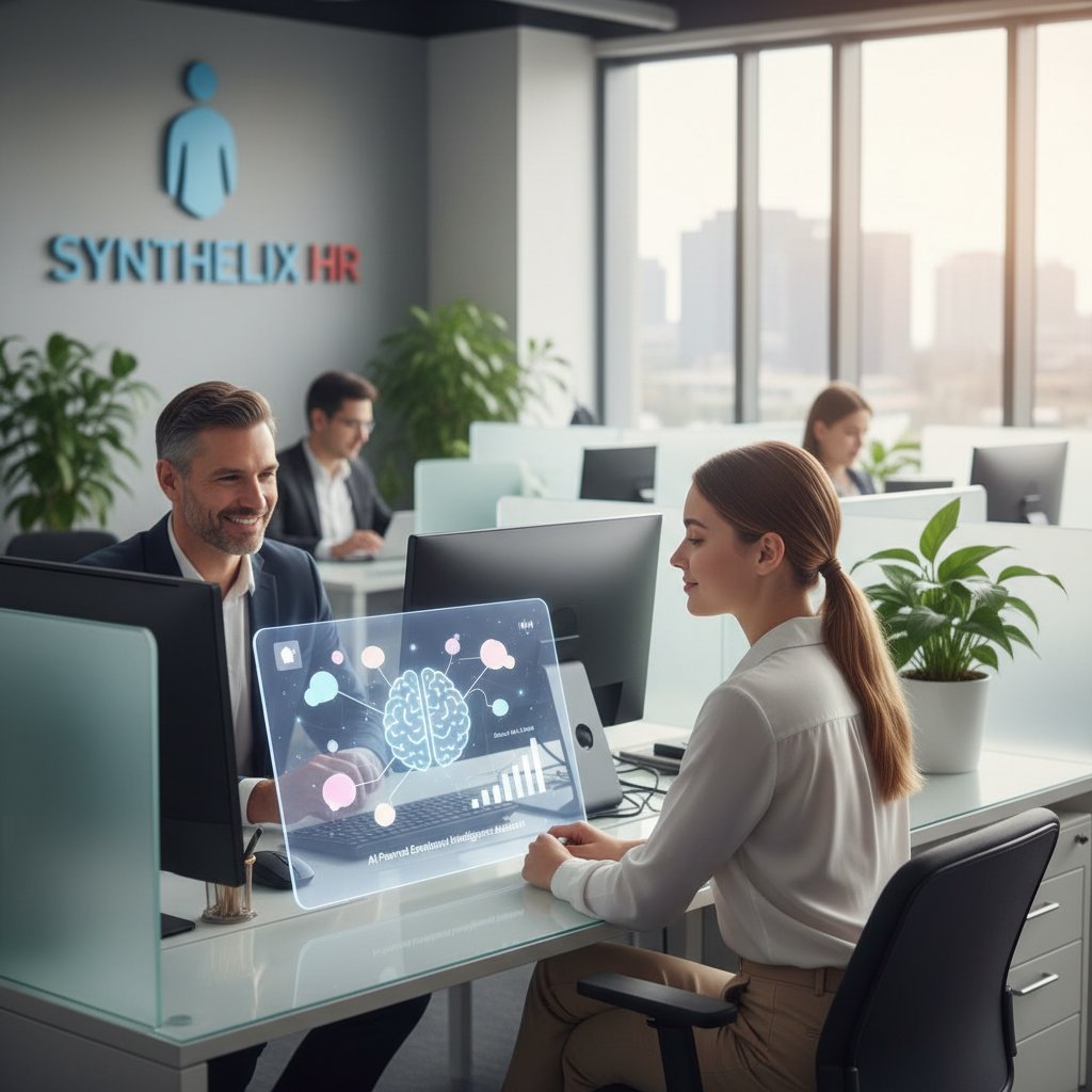 Pracownik korzystający z AI do analizy nastroju, miejsce pracy, sztuczna inteligencja w HR