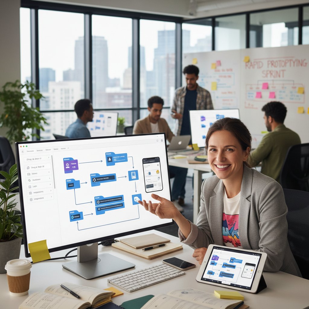 Pracownik korzysta z platformy no-code, szybkie prototypowanie produktu