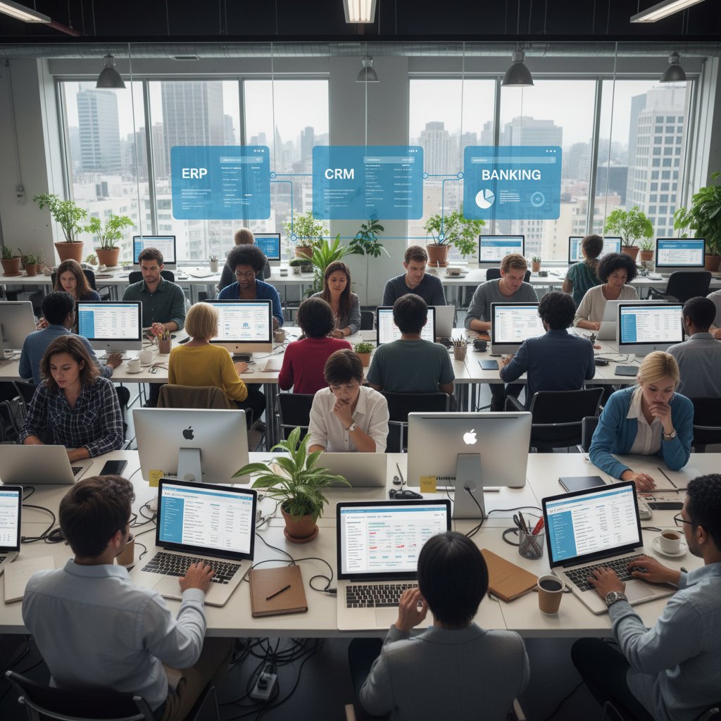 Pracownicy korzystający z laptopów w biurze, ekrany zintegrowane z systemami ERP, CRM i bankowością