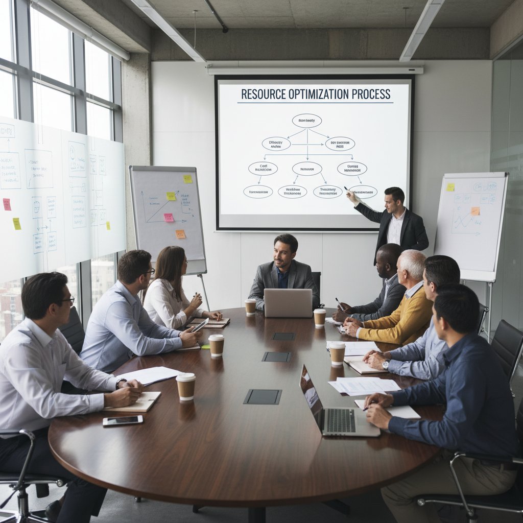 Pracownicy analizują proces optymalizacji zasobów na tablicy w sali konferencyjnej