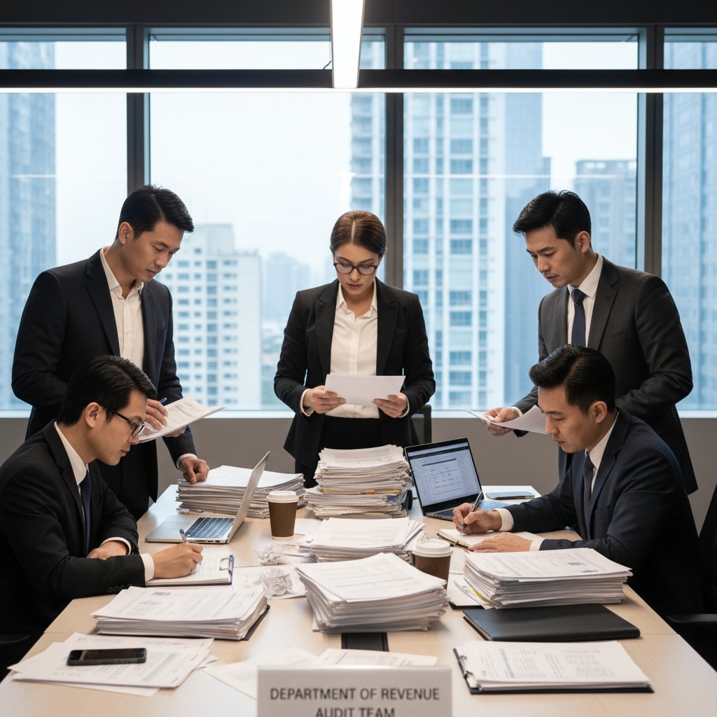 Pracownicy firmy analizujący dokumenty po kontroli podatkowej CIT