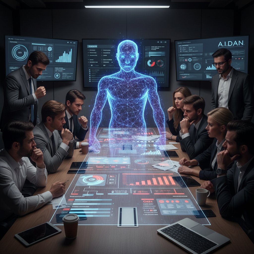 Employees reacting cautiously to AI teammate, tense office meeting with AI system on screen, enterprise AI task management adoption