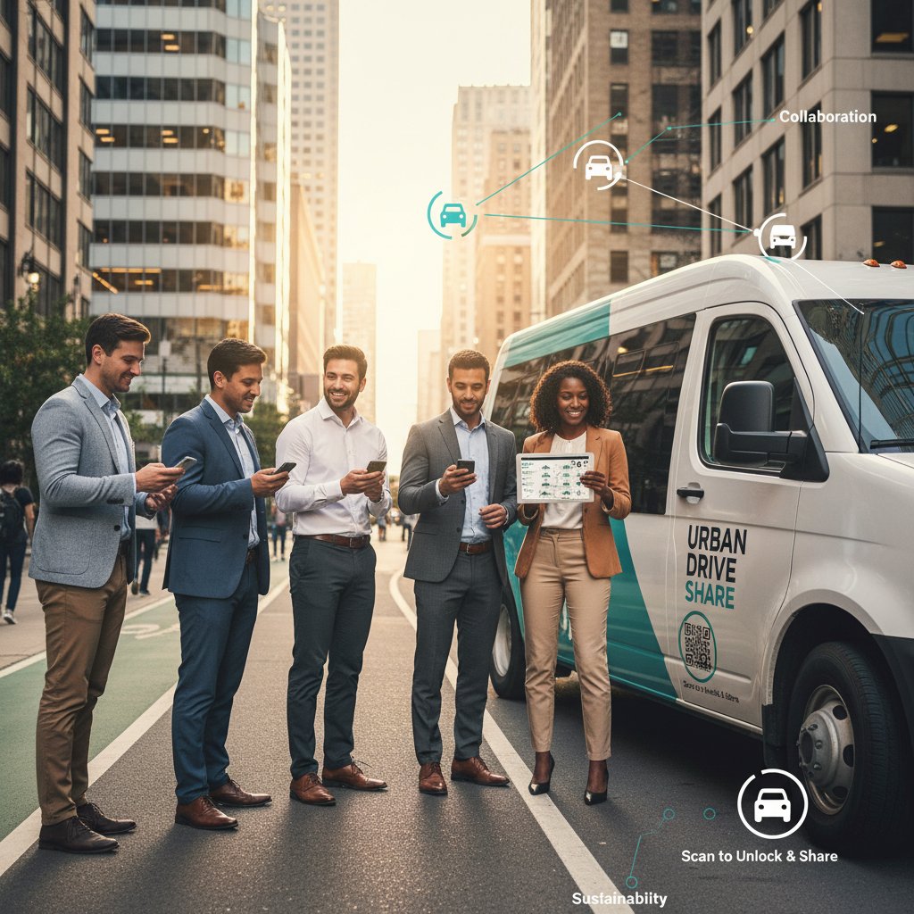 Team using car-sharing service for business tasks, scanning QR codes on branded vehicles, urban business mobility evolution
