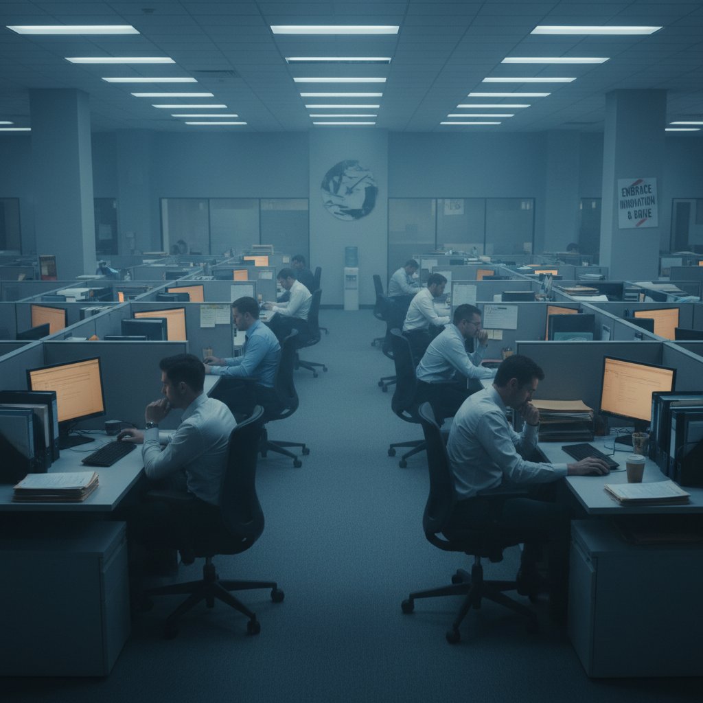 Pracownicy siedzący przy stole w milczeniu, wyraźne napięcie i brak inicjatywy