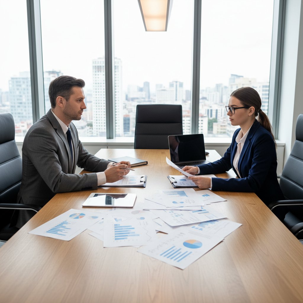 Pracodawca prowadzący rozmowę kwalifikacyjną z kandydatem ekonomistą, dokumenty na stole