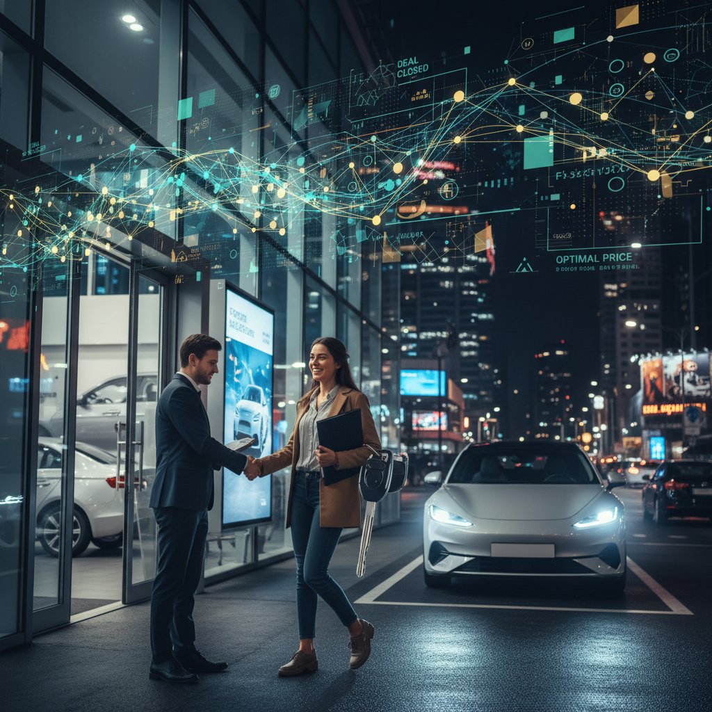 Empowered car buyer celebrating successful negotiation, dealership exit, urban night scene, digital overlay symbolizing AI victory
