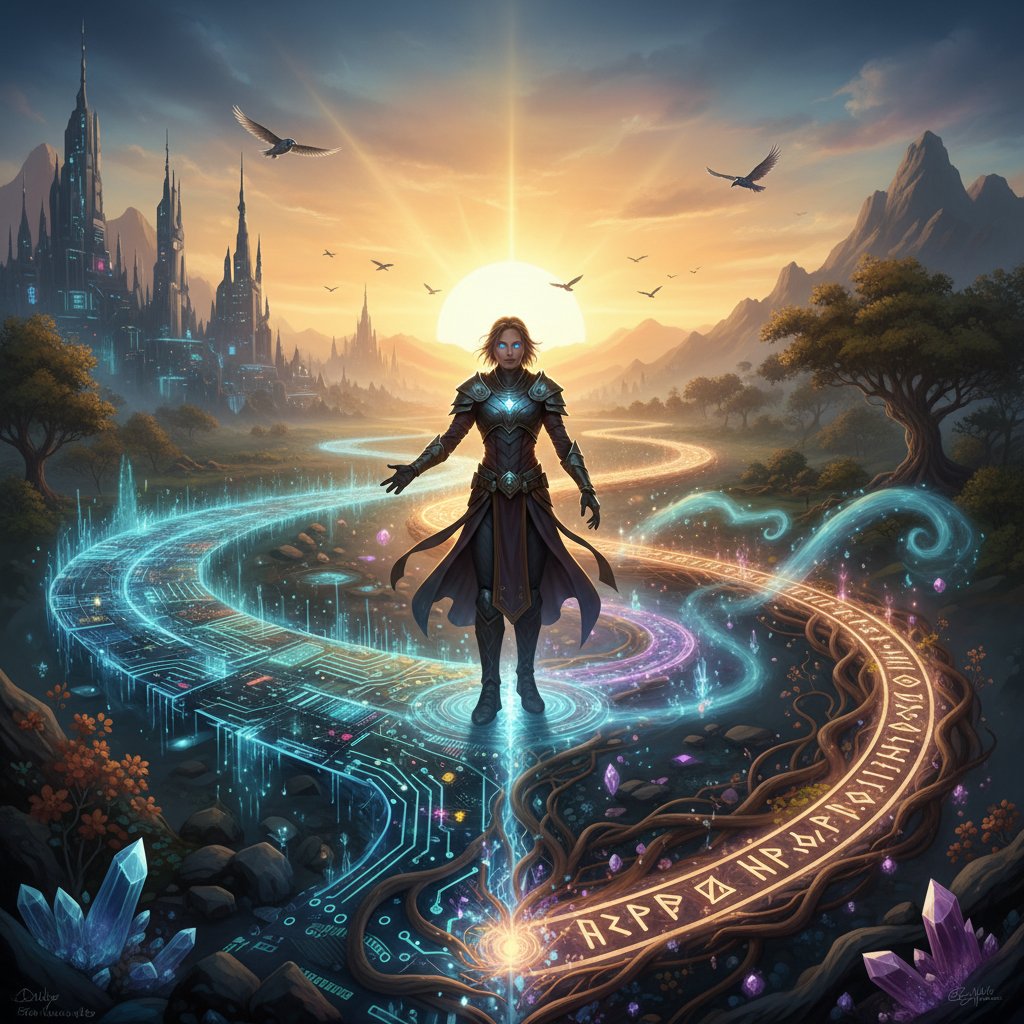 Osoba na rozdrożu wybiera nową ścieżkę rozwoju – symbol odwagi i nowych możliwości