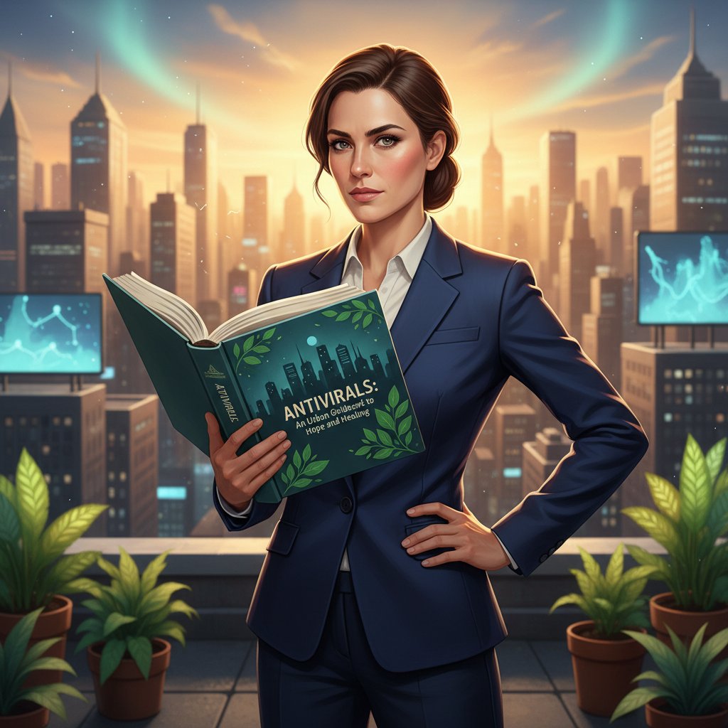Osoba z poradnikiem o lekach przeciwwirusowych w nowoczesnym otoczeniu
