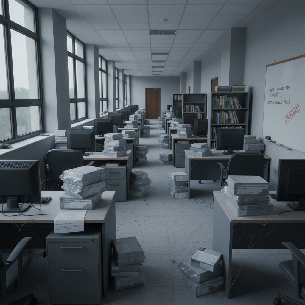 Photo of empty academic offices with unused software equipment, symbolizing costly procurement failure and unused licenses