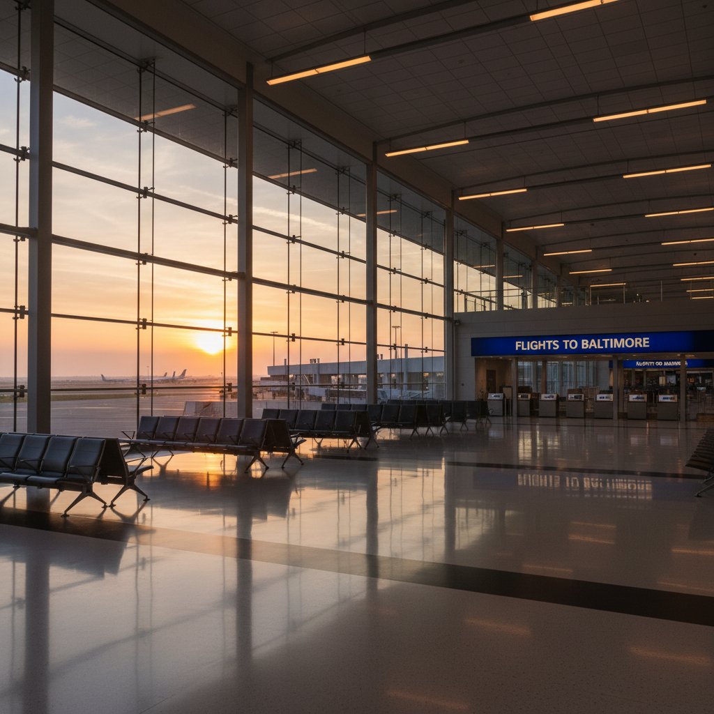 Empty airport terminal at sunrise, light casting across rows of empty seats, illustrating early morning flights to Baltimore