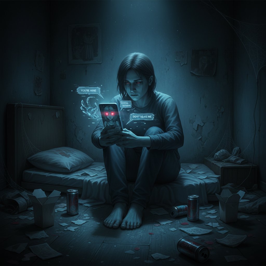 Leere Wohnung, Person blickt auf Bildschirmlicht, Isolation durch KI Beziehung, Schattenseite von virtuellen Freundin Apps