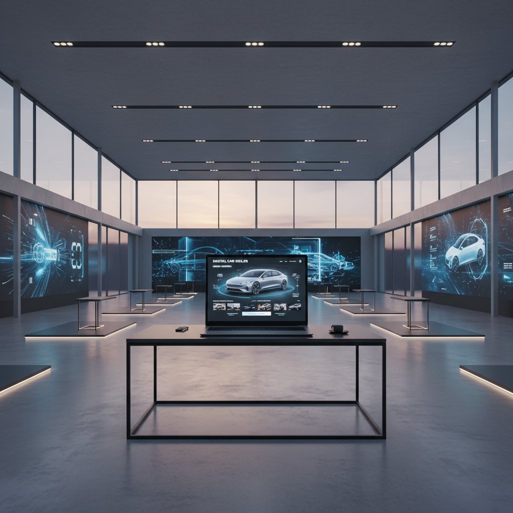 Deserted car dealership and laptop showing digital car buying platform, digital car dealer revolution