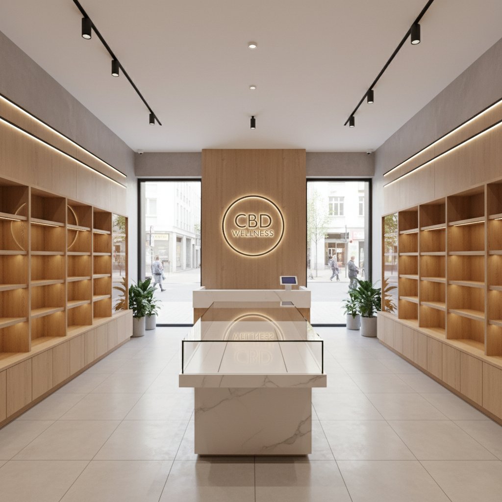 Fotografia wnętrza nowoczesnego sklepu CBD z pustymi półkami – symbol załamania rynku