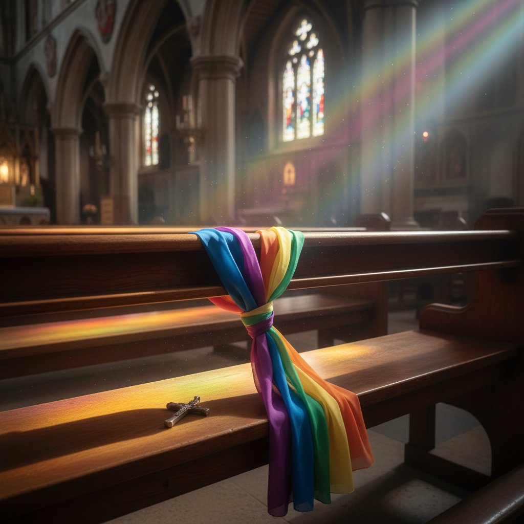 Tęczowy szalik na ławce w pustym kościele, symbolizujący obecność i wykluczenie osób LGBT+ w Kościele