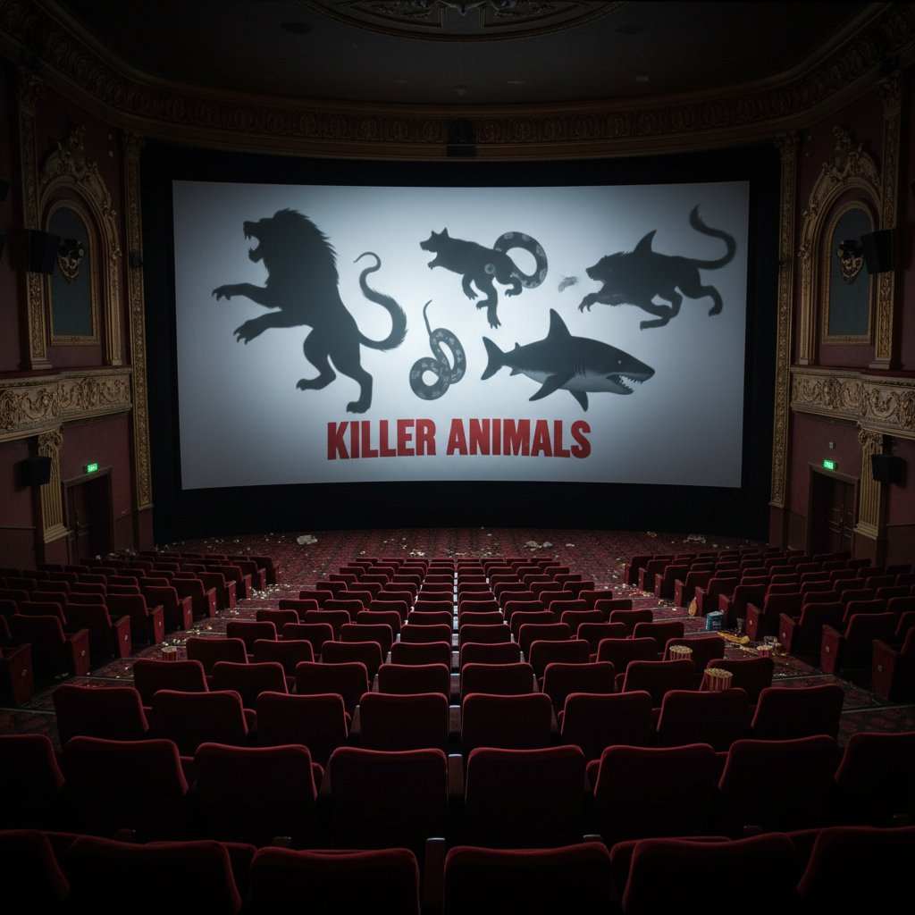 Moody shot of empty cinema with animal silhouettes lurking, killer animal movie shadows