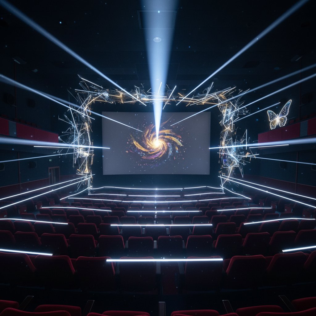 Empty cinema with light spilling onto empty seats, symbolizing transformation in the movie experience