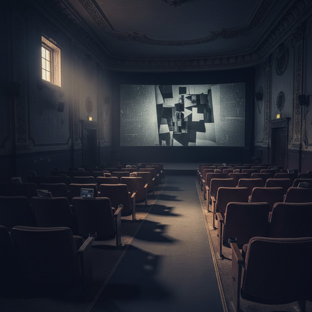 Atmospheric photo of an empty cinema showing an obscure art house film