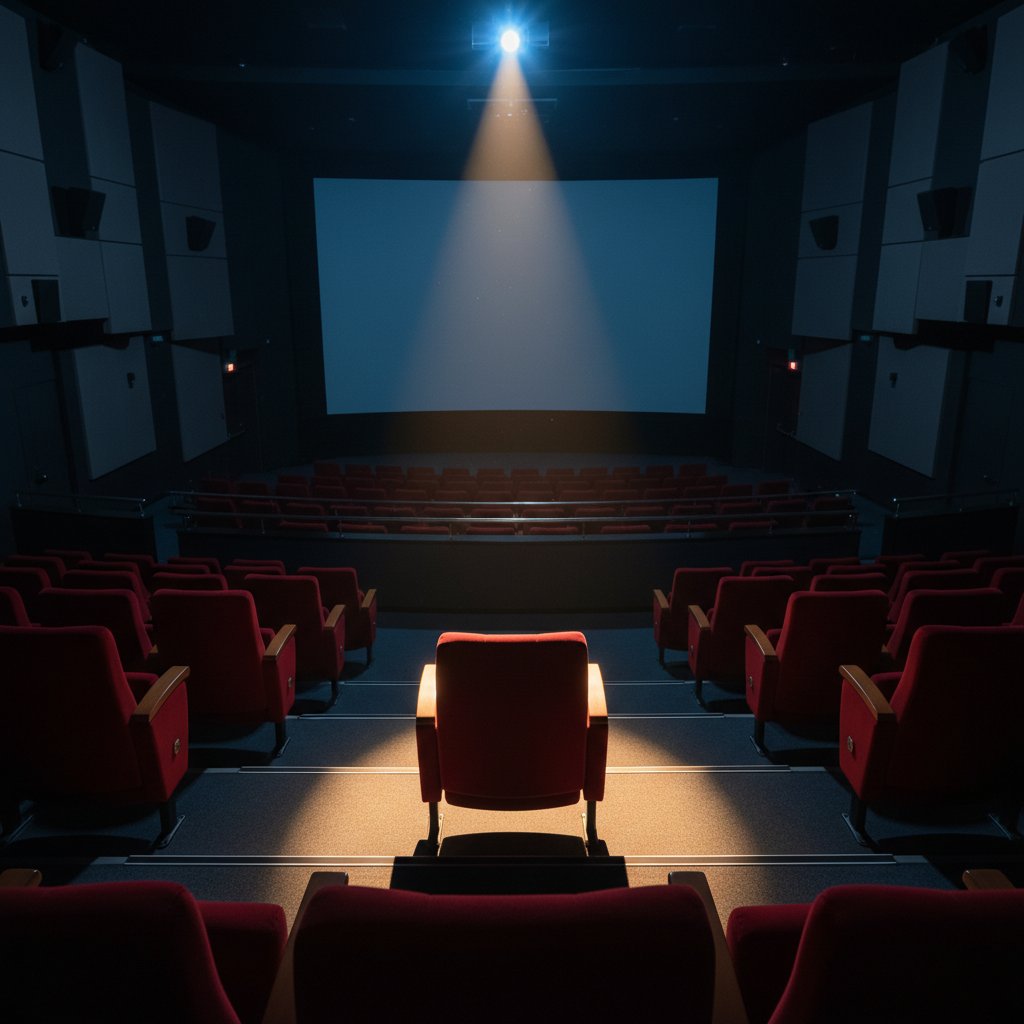Symbolic photo of an empty, spotlighted cinema seat in a modern 5D theater, inviting viewer reflection