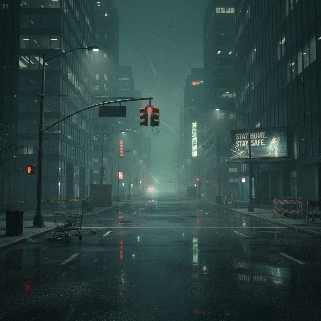 Opustoszała ulica miasta nocą, symbolizująca izolację i wzrost lęku w czasie pandemii