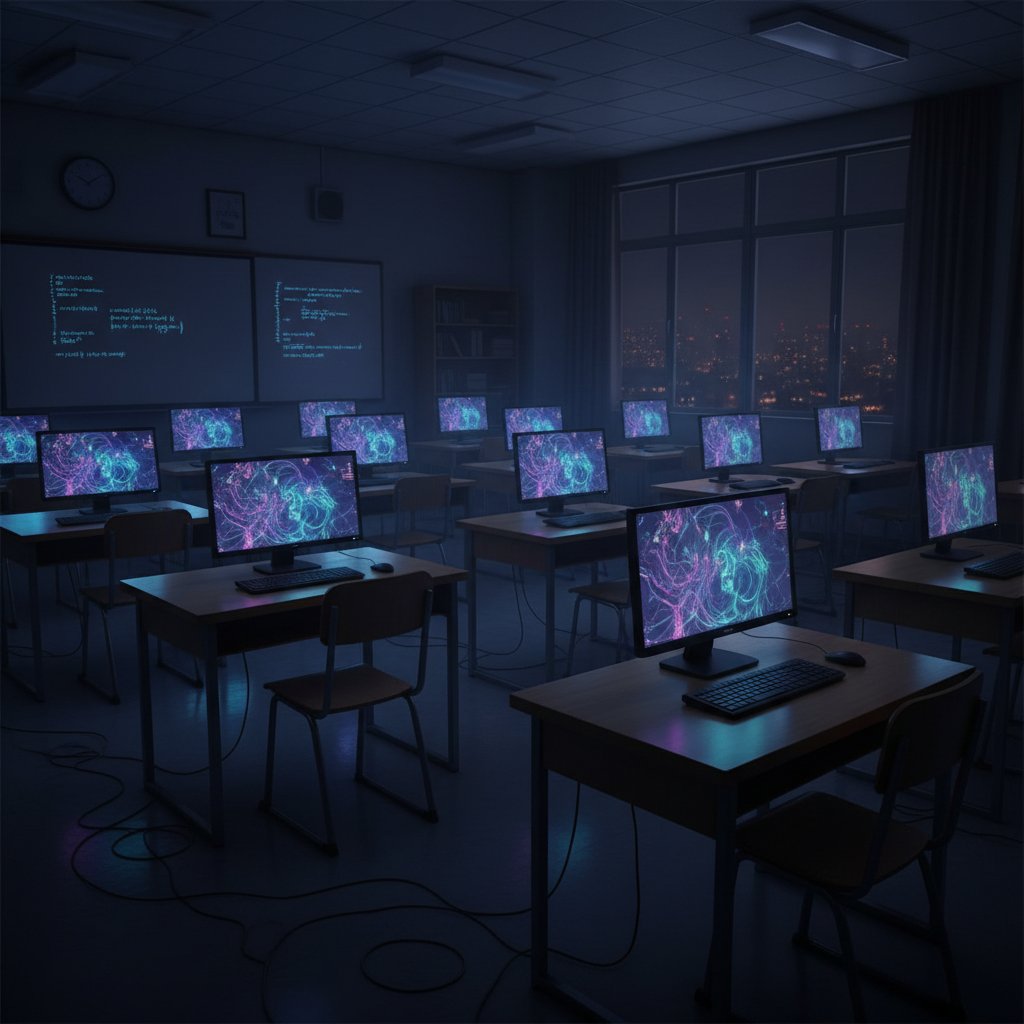 Pusta sala lekcyjna z podświetlonymi monitorami – symbol przejścia na naukę online