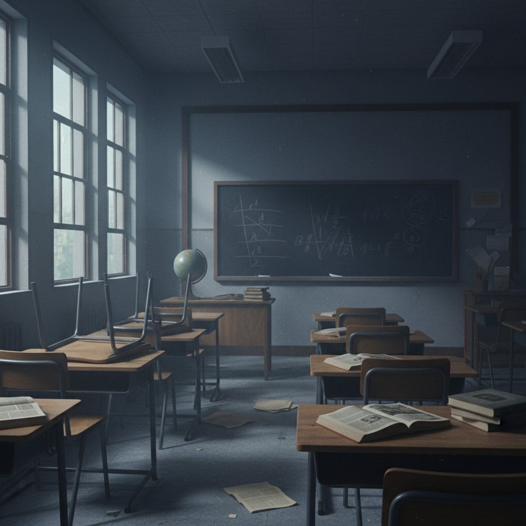 Pusta ławka w klasie symbolizująca ukryte problemy molestowania w szkołach