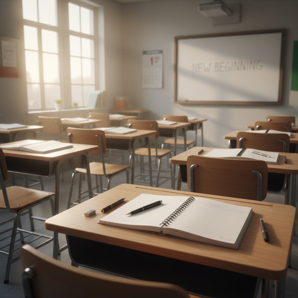 Symboliczna fotografia pustej klasy po egzaminach, światło wpada przez okno, na ławkach notatki i długopisy – koniec pewnego etapu, początek nowego