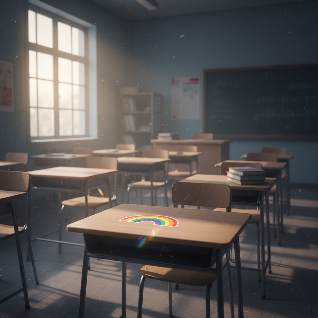 Brak edukacji o historii LGBT w polskich szkołach – pusta klasa, tęczowa naklejka na ławce