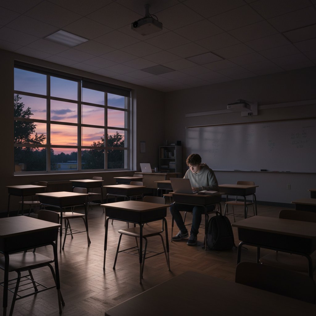 Pusta sala lekcyjna i uczeń przygotowujący się do matury online w domu