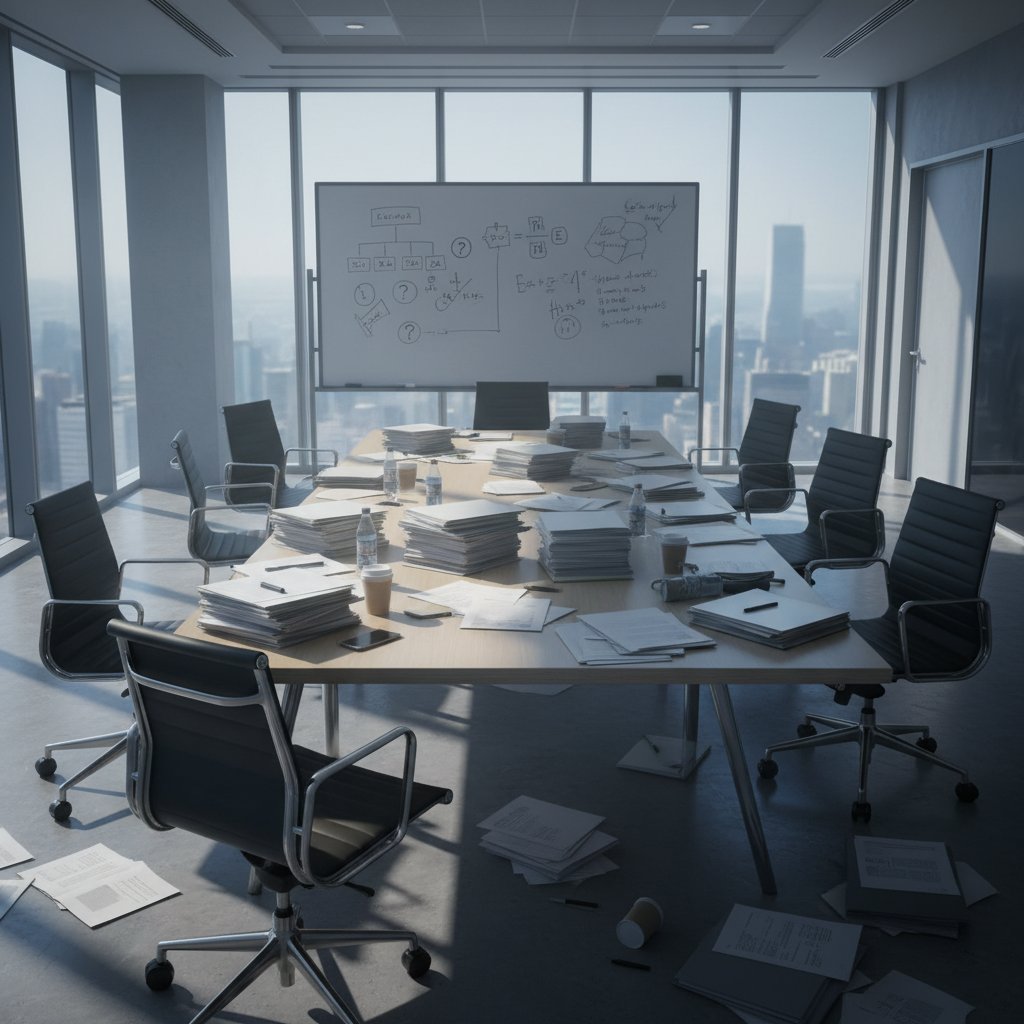 Pusta sala konferencyjna w biurze, dokumenty na stole, atmosfera niepokoju