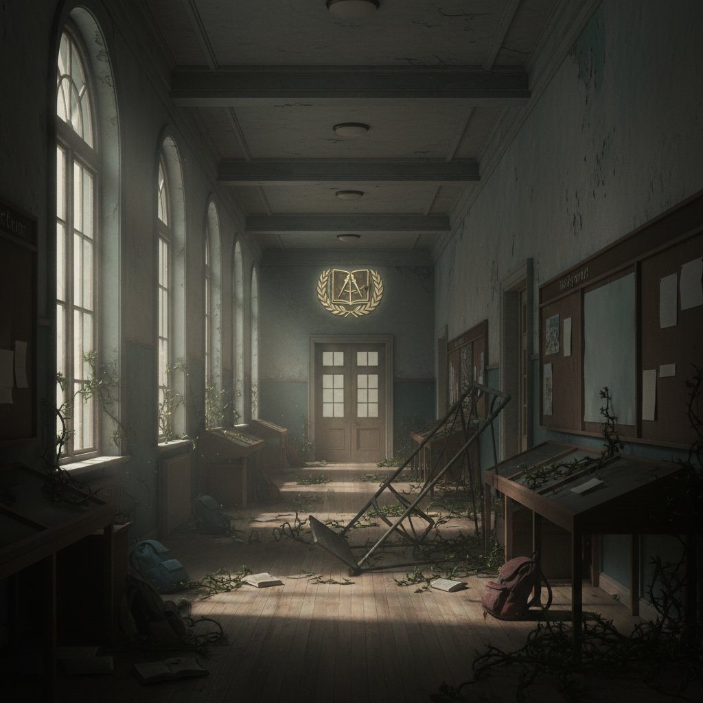 Opustoszały korytarz szkolny, symbolizujący przemilczanie przemocy seksualnej