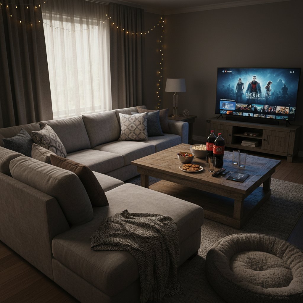 Empty couch and snacks showing movie night gone wrong, symbolizing failed family movie night tradition.