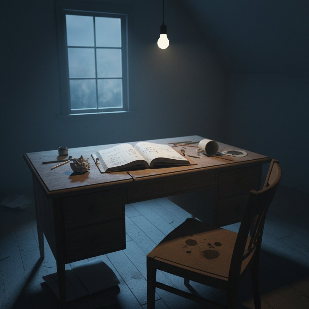 Puste biurko, porzucony zeszyt, wieczorny klimat, frustracja ucznia