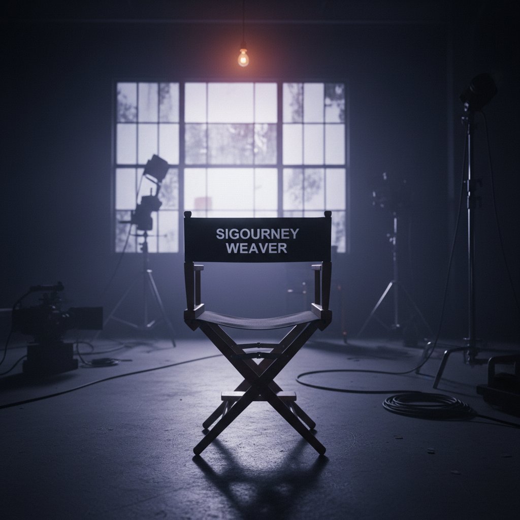Symbolic photo—empty director’s chair with Weaver’s name, moody lighting, 16:9