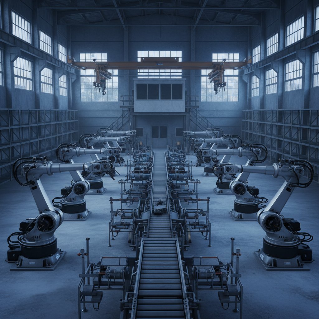Zdjęcie pustej fabryki z robotami przemysłowymi, symbolizujące automatyzację i wykluczenie człowieka