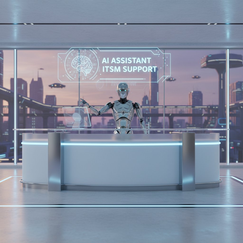 Empty, futuristic help desk with a glowing AI assistant, representing the future of ITSM support and automation